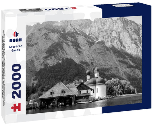 Noah Jigsaw Puzzle Boat dock St. Bartholomä am Königssee in front of the Watzmann massif, Berchtesgaden National Park, Berchtesgadener Land, Upper Bavaria, Bavaria in black white 2000 pieces