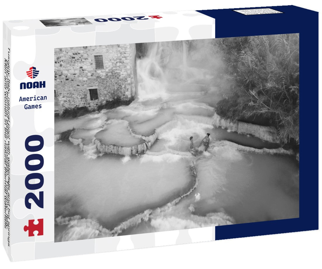 Noah Jigsaw Puzzle Tuscany Italy, natural pool with waterfalls and hot springs Saturnia thermal baths, Grosseto, Tuscany, Italy. Men and women in the natural thermal waterfalls, couple on vacation in Tuscany, Saturnia in black white 2000 pieces