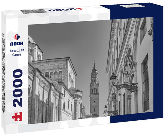 Noah Jigsaw Puzzle Parma, Italy, view of the bell tower of the church of San Giovanni with the side facade of the cathedral on the left and an old noble palace on the right in black white 2000 pieces