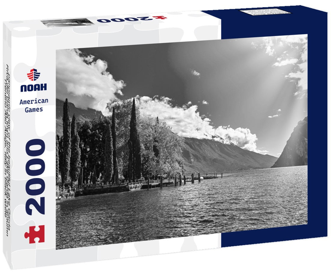 Noah Jigsaw Puzzle panoramic view of the beautiful Lake Garda, Riva del Garda town and Lake Garda in autumn, Trentino Alto Adige, Italy in black white 2000 pieces