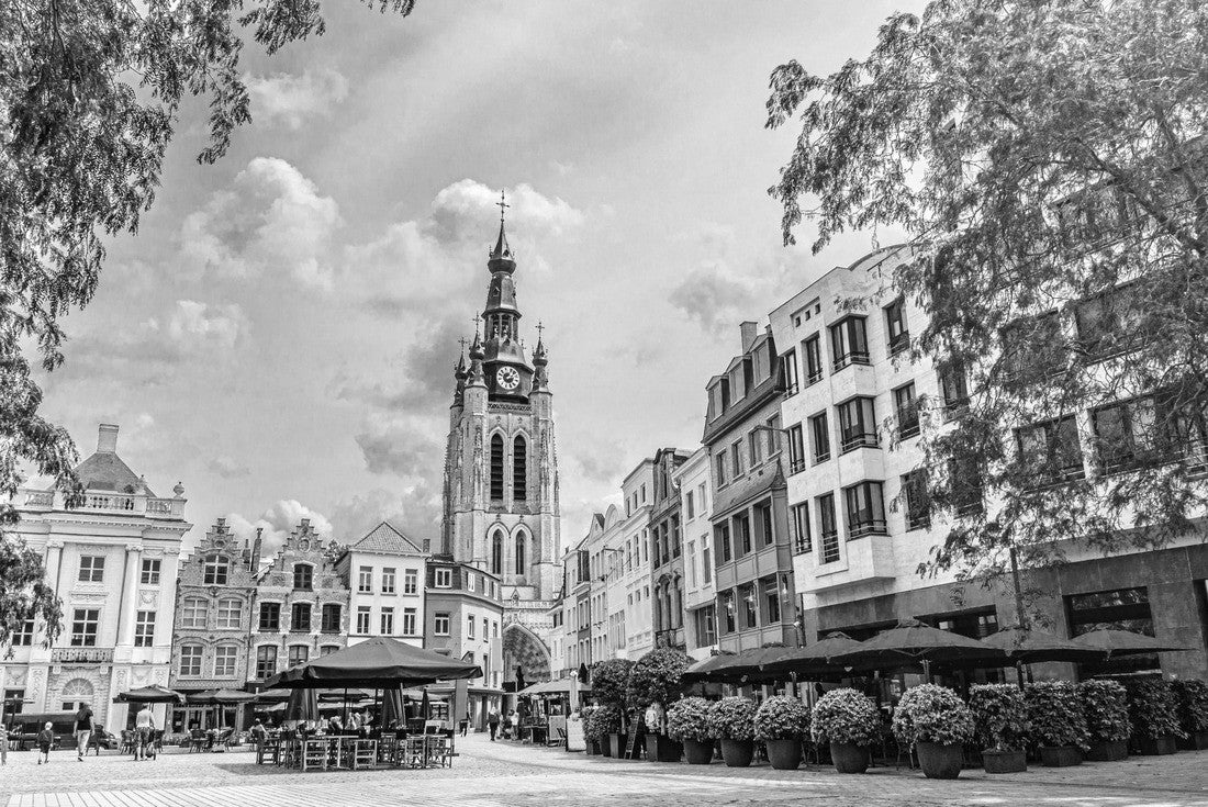 cityscape Kortrijk, Grote Markt Central Market Square, Roman Catholic Church of St. Martin, old buildings and street restaurants in the historic city center, old town Kortrijk, Flemish Region, Belgium 2000pc PuzzleBlack and White