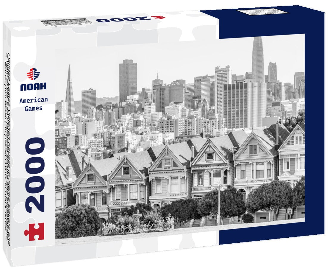 Noah Jigsaw Puzzle Painted Ladies Victorian houses in Alamo Square and a view of the San Francisco skyline and skyscrapers. Photo processed, in pastel colors in black white 2000 pieces