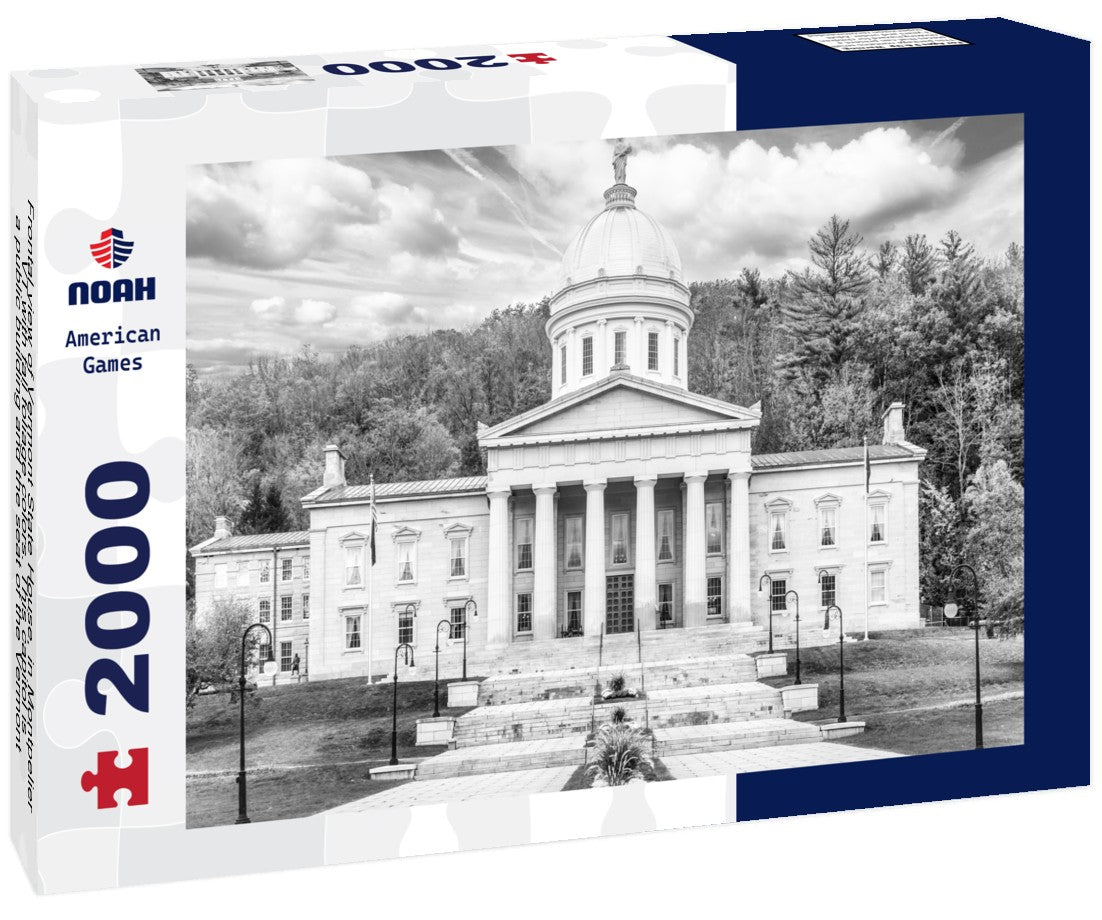 Noah Jigsaw Puzzle Frontal view of Vermont State House, in Montpelier, VT with fall foliage colors. This capitol is a public building and the seat of the Vermont General Assembly in black white 2000 pieces