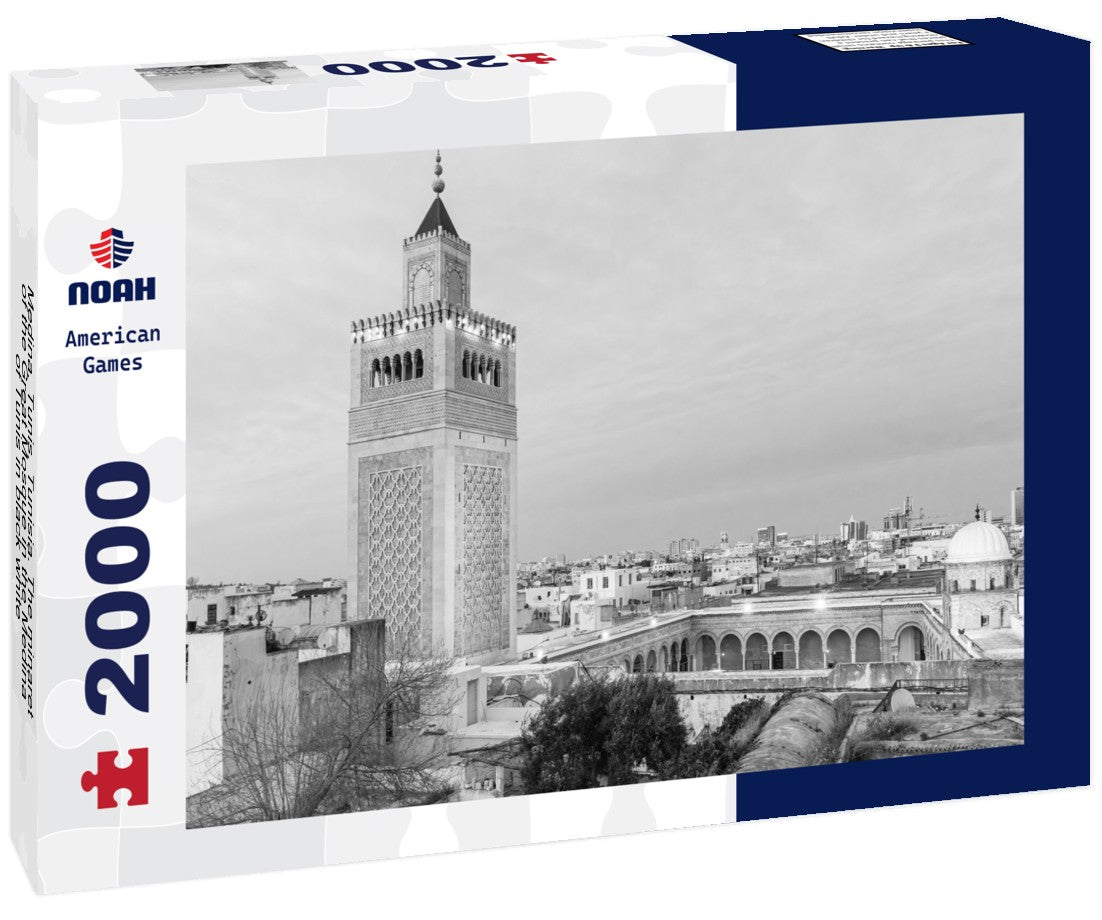 Noah Jigsaw Puzzle Medina, Tunis, Tunisia. The minaret of the Great Mosque in the Medina of Tunis in black white 2000 pieces