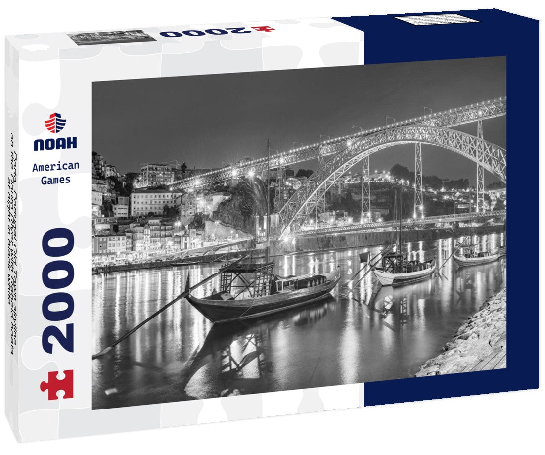Noah Jigsaw Puzzle Porto, Portugal Old Town skyline on the Douro River with Rabelo boats at night in black white 2000 pieces