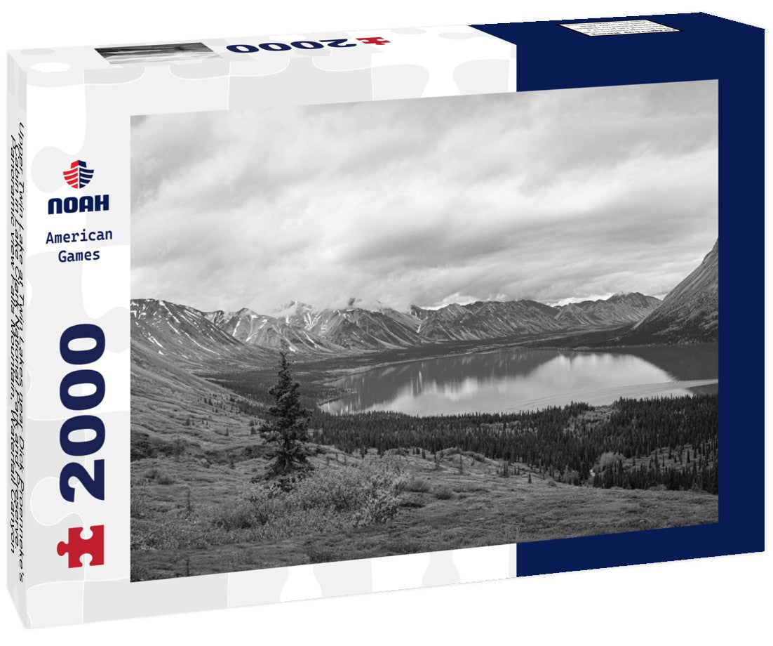 Noah Jigsaw Puzzle Upper Twin Lake at Twin Lakes near Dick Proenneke's Cabin in Lake Clark National Park and Preserve. Panoramic view Falls Mountain, Waterfall Canyon, Allen Mountain reflect in turquoise, glacial water in black white 2000 pieces