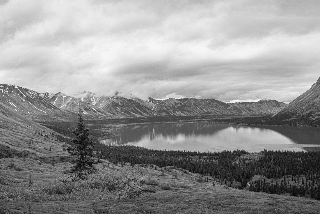 Noah Jigsaw Puzzle Upper Twin Lake at Twin Lakes near Dick Proenneke's Cabin in Lake Clark National Park and Preserve. Panoramic view Falls Mountain, Waterfall Canyon, Allen Mountain reflect in turquoise, glacial water in black white 2000 pieces
