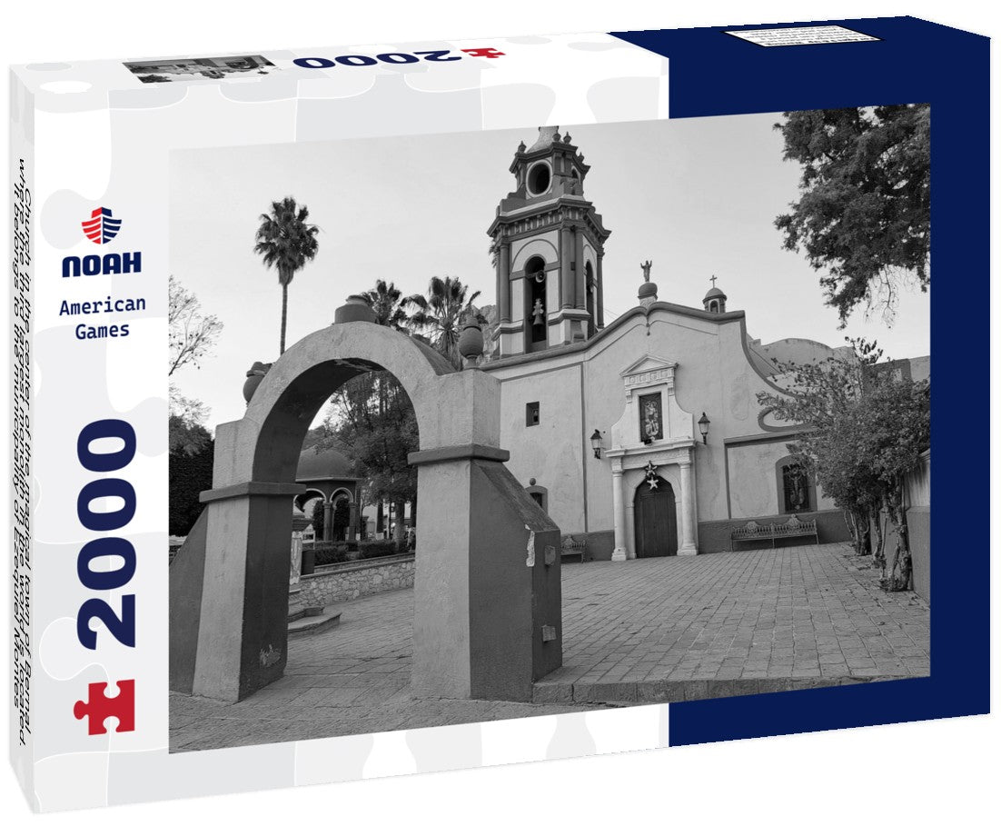 Noah Jigsaw Puzzle Church in the center of the magical town of Bernal, where the third largest monolith in the world is located. It belongs to the municipality of Ezequiel Montes, in the state of Queretaro, Mexico in black white 2000 pieces