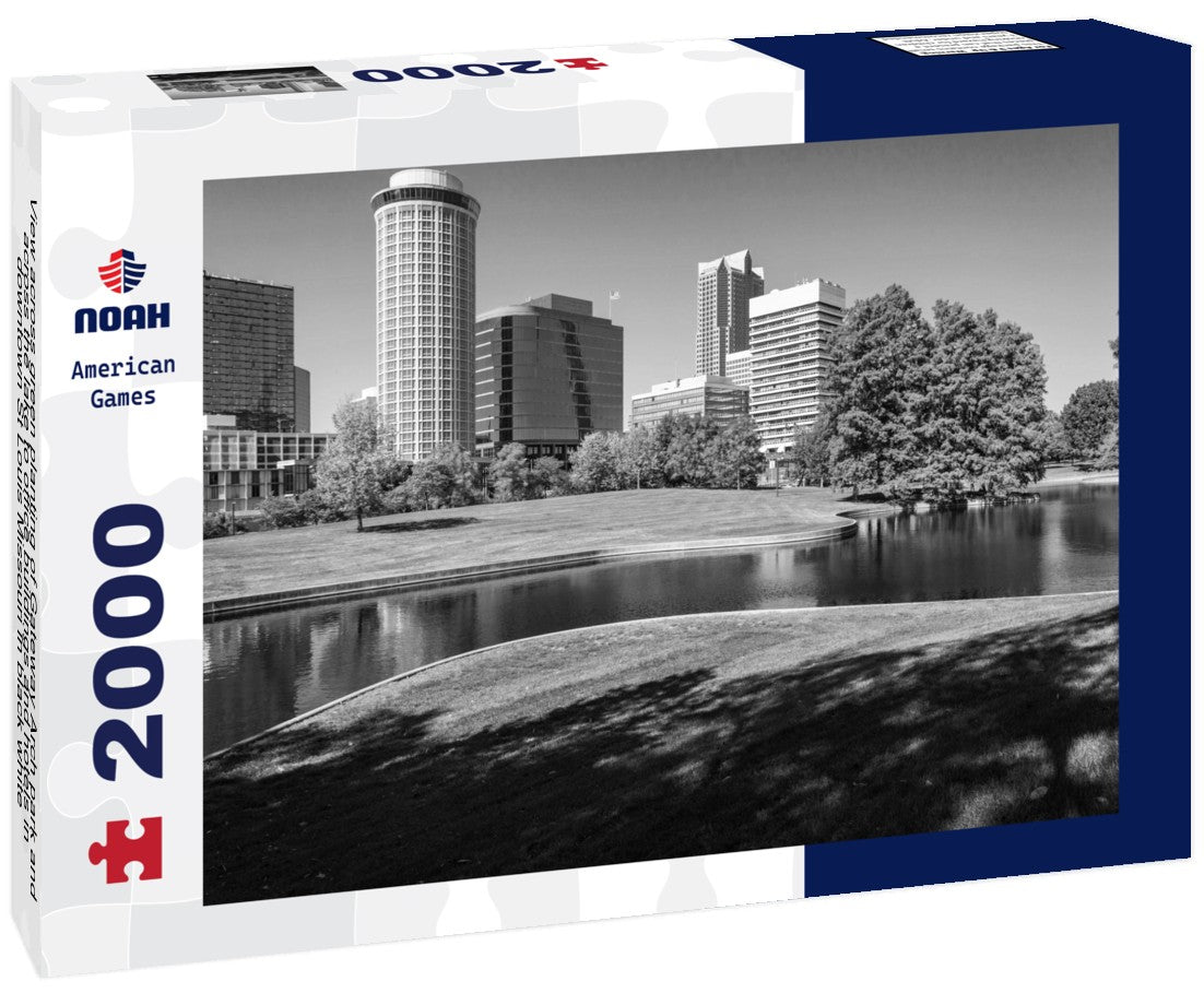Noah Jigsaw Puzzle View across green planting of Gateway Arch park and across the lake to office buildings and hotels in downtown St Louis Missouri in black white 2000 pieces