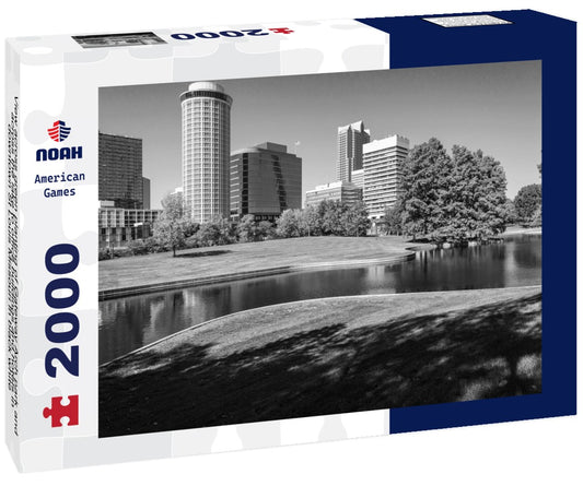 Noah Jigsaw Puzzle View across green planting of Gateway Arch park and across the lake to office buildings and hotels in downtown St Louis Missouri in black white 2000 pieces