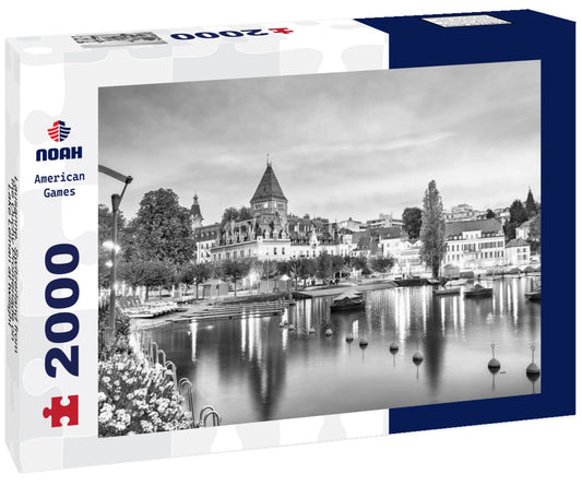 Noah Jigsaw Puzzle Lausanne, Switzerland from the Ouchy Promenade on Lake Leman at twilight in black white 2000 pieces