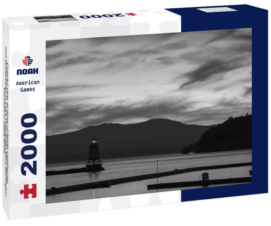 Noah Jigsaw Puzzle Colorful view at dusk of North Lighthouse and Breakwater in Lake Champlain from Burlington, Vermont in black white 2000 pieces