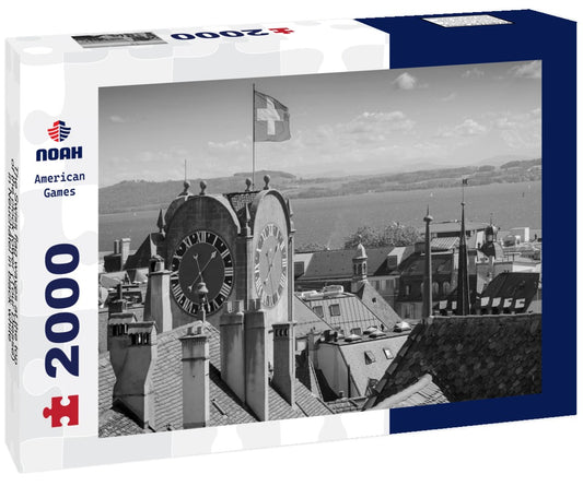 Noah Jigsaw Puzzle The Swiss flag waves at the top of the clock tower (Tour Diesse) in Neuchâtel in black white 2000 pieces