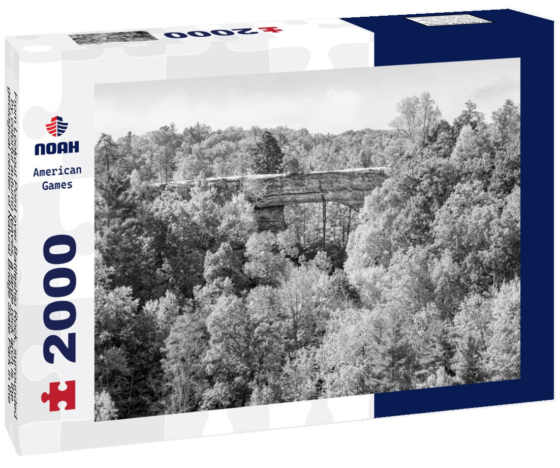 Noah Jigsaw Puzzle From Lookout Point over Battleship Rock, surrounded by colorful autumn leaves, a large rock arch is the geological center of Natural Bridge State Park in the Red River Gorge area of Kentucky in black white 2000 pieces