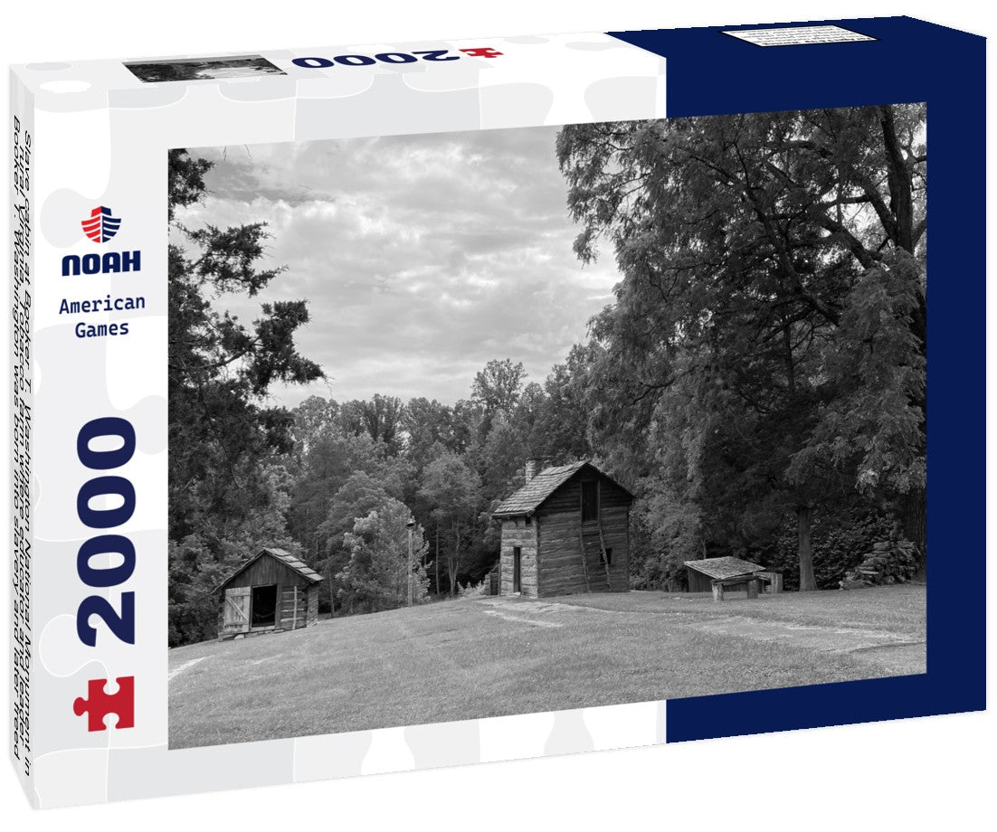 Slave cabin at Booker T. Washington National Monument in rural Virginia. Tobacco farm where educator and leader Booker T. Washington was born into slavery and later freed by Emancipation Proclamation 2000pc PuzzleBlack and White