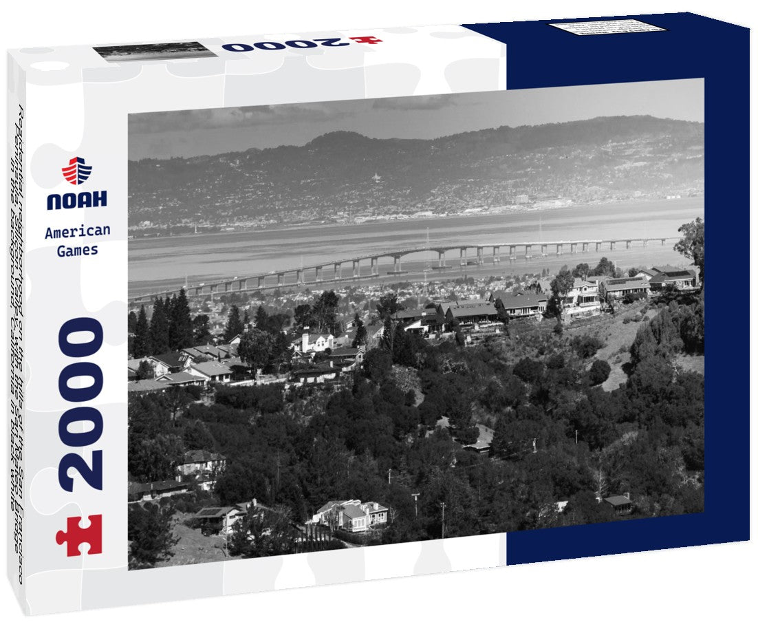Noah Jigsaw Puzzle Residential neighborhood on the hills of the San Francisco Peninsula, Silicon Valley, with the San Mateo Bridge in the background, California in black white 2000 pieces