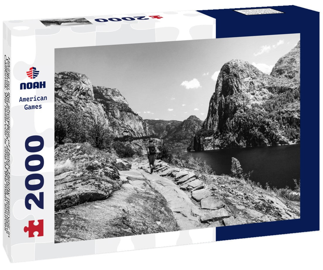Noah Jigsaw Puzzle Hiking on the shoreline of Hetch Hetchy reservoir in Yosemite National Park, Sierra Nevada mountains, California; the reservoir is one of the main sources of drinking water for the San Francisco bay in black white 2000 pieces
