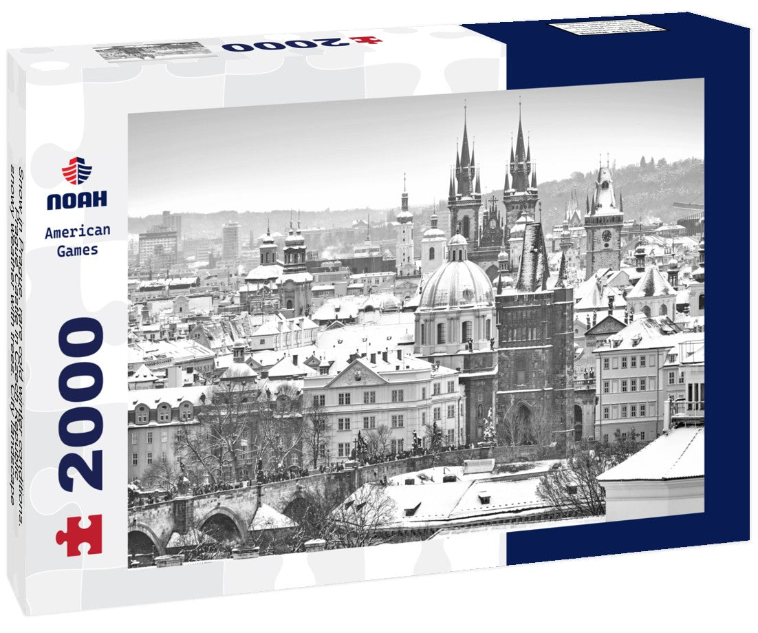 Noah Jigsaw Puzzle Snow in Prague, rare cold winter conditions. Prague Castle in Czech Republic, snowy weather with trees. City landscape from beautiful town in black white 2000 pieces
