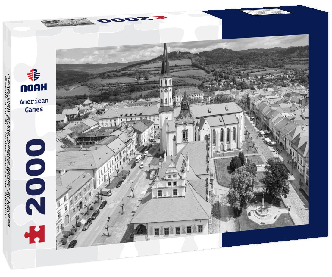 Noah Jigsaw Puzzle Aerial view of the historic center of Levoca town in summer, Slovakia. City hall, Basillica of St. James and other historic buildings in Levoca, Slovakia in black white 2000 pieces