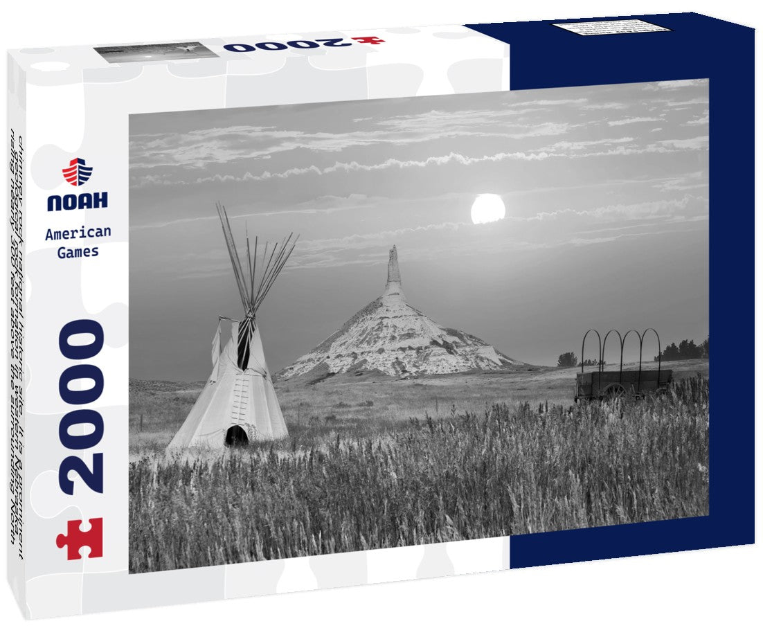 Noah Jigsaw Puzzle chimney rock national historic site. It is a prominent geological rock formation in western Nebraska, rising nearly 300 feet above the surrounding North Platte River valley in black white 2000 pieces