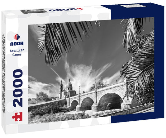 Noah Jigsaw Puzzle Old Colonial Bridge and Parish of the Light in Lagos de Moreno. World Heritage Site by UNESCO in Jalisco, Mexico in black white 2000 pieces