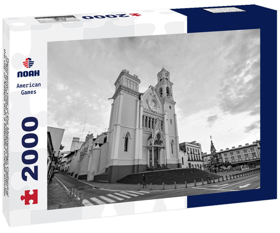 Noah Jigsaw Puzzle Panoramic view of the Metropolitan Cathedral of the Immaculate Conception in the center of the city of Xalapa with a beautiful orange sunrise in the background in black white 2000 pieces