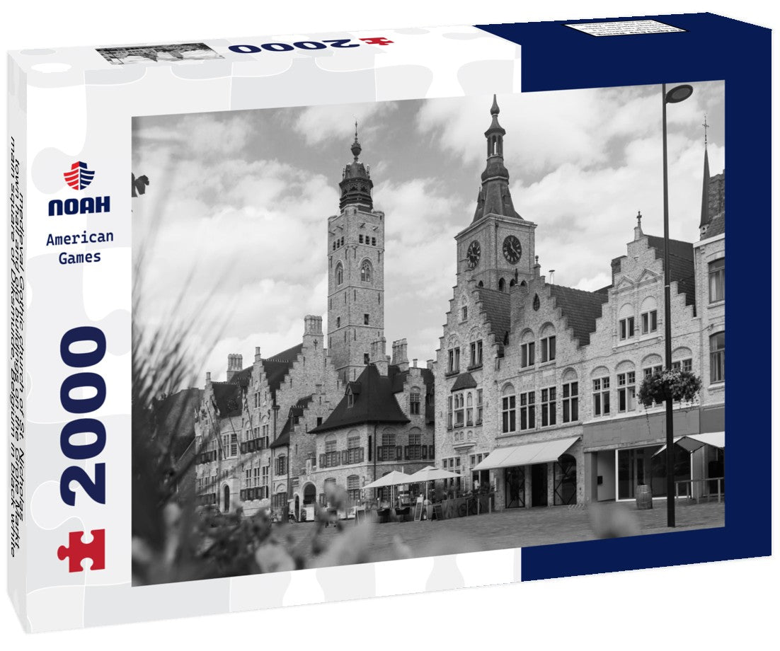 Noah Jigsaw Puzzle medieval Gothic church of St. Nicholas, town hall and old buildings on the Grote Markt, main square of Diksmuide, Belgium in black white 2000 pieces
