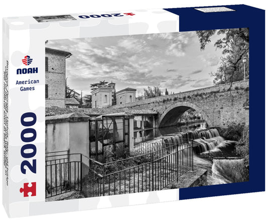 Noah Jigsaw Puzzle Bevagna, Perugia, Umbria, Italy: old bridge, canal of the old mills and waterfalls in the medieval town in black white 2000 pieces