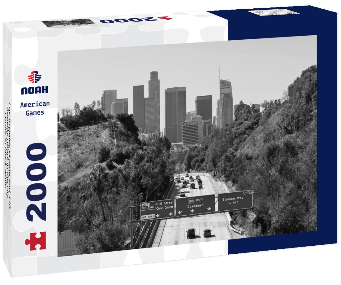 Noah Jigsaw Puzzle Los Angeles skyline and 110 freeway pillars in the city center in black white 2000 pieces
