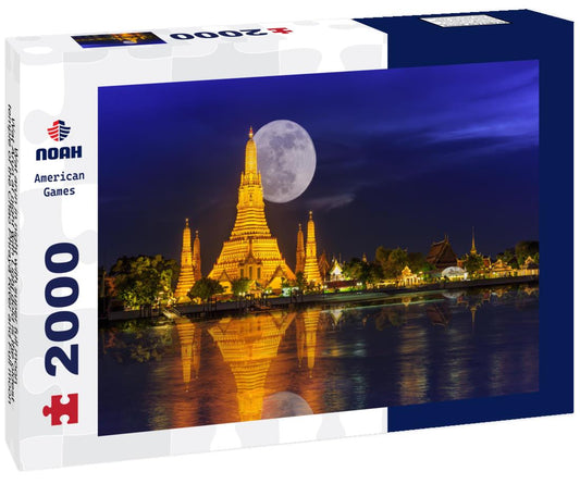 Noah Jigsaw Puzzle Wat arun in night with super full moon,Wat Arun at night with Light gold is the oldest temple of the Chao Phraya River and Full moon In the dark sky in Bangkok Thailand 2000 pieces
