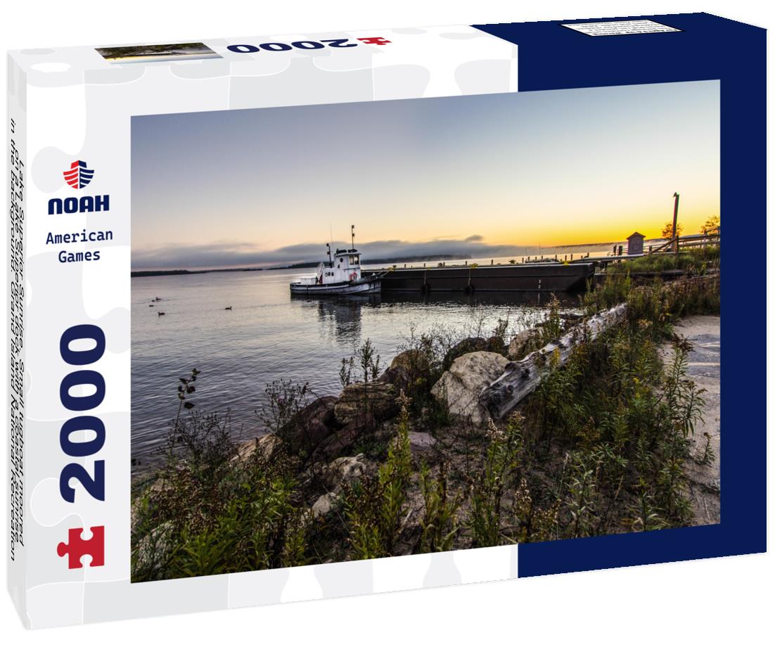 Noah Jigsaw Puzzle Lake Superior Sunrise. Small tugboat moored on a Lake Superior dock with a coastal sunrise in the background. Grand Island National Recreation Area. Munising, Michigan 2000 pieces