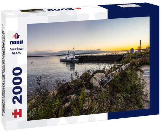 Noah Jigsaw Puzzle Lake Superior Sunrise. Small tugboat moored on a Lake Superior dock with a coastal sunrise in the background. Grand Island National Recreation Area. Munising, Michigan 2000 pieces