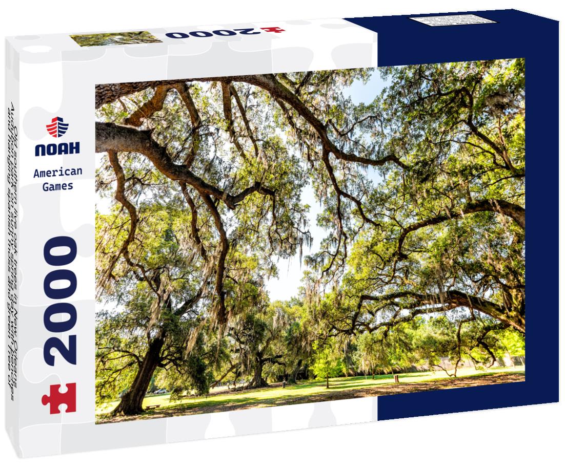 Noah Jigsaw Puzzle Old southern live oak trees in New Orleans Audubon park on sunny spring day with benches and hanging spanish moss and green Tree of Life in Garden District, Louisiana 2000 pieces