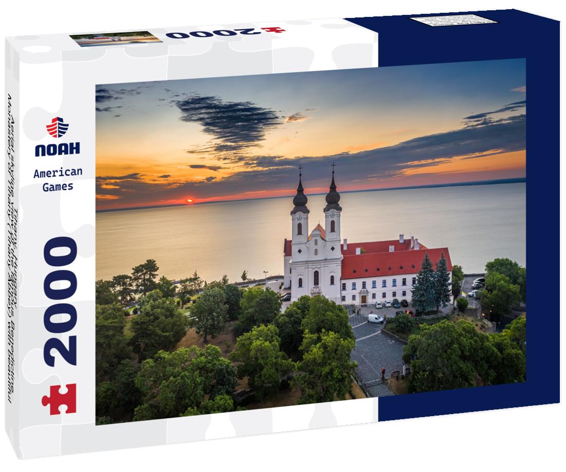 Noah Jigsaw Puzzle Tihany, Hungary - Aerial skyline view of the famous Benedictine Monastery of Tihany (Tihany Abbey) with beautiful colorful sky and clouds at sunrise over Lake Balaton 2000 pieces