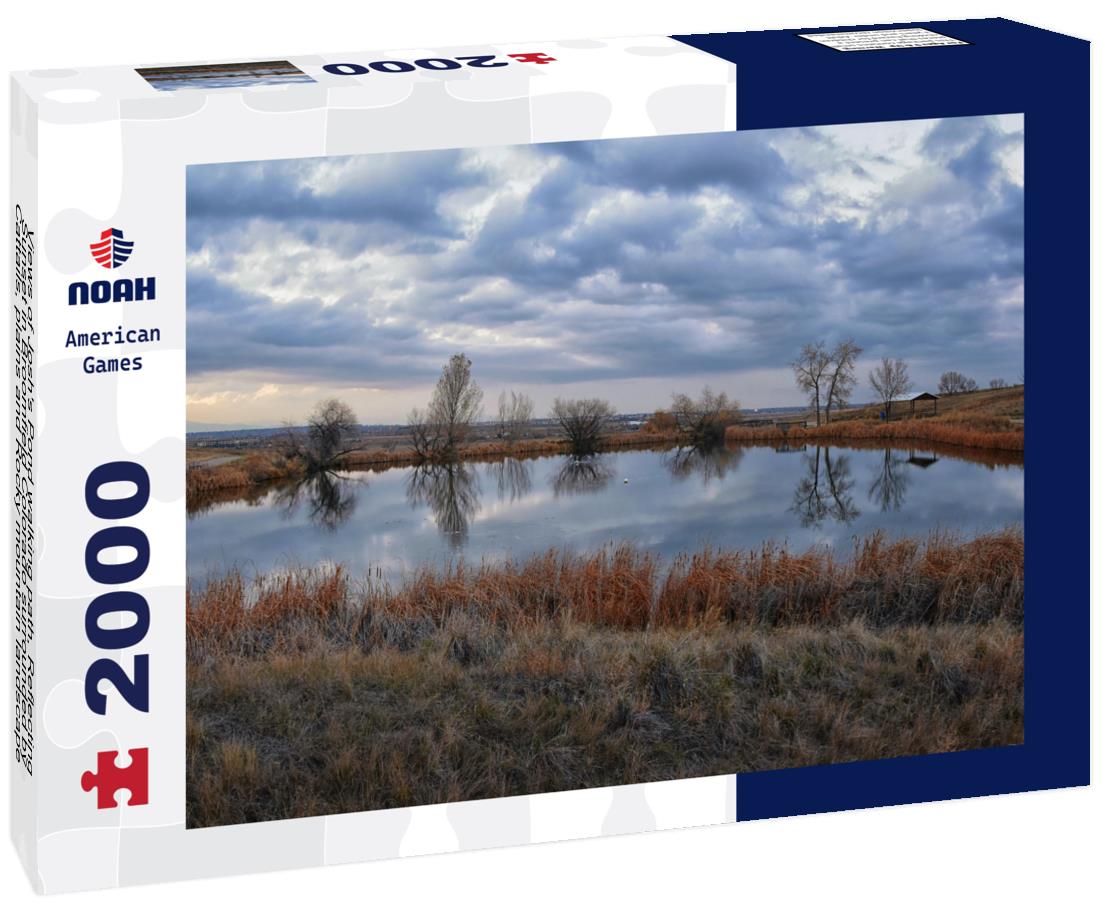 Noah Jigsaw Puzzle Views of Josh's Pond walking path, Reflecting Sunset in Broomfield Colorado surrounded by Cattails, plains and Rocky mountain landscape during sunset. United States 2000 pieces