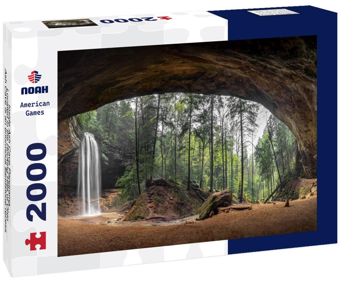 Noah Jigsaw Puzzle Inside Ash Cave Panorama - Located in the Hocking Hills of Ohio, Ash Cave is an enormous sandstone recess cave adorned with a beautiful waterfall after spring rains 2000 pieces
