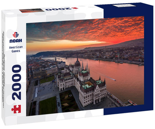 Noah Jigsaw Puzzle Budapest, Hungary - Aerial panoramic drone view of the Hungarian Parliament building on a winter afternoon with an amazing dramatic colorful gold and red sunset sky 2000 pieces