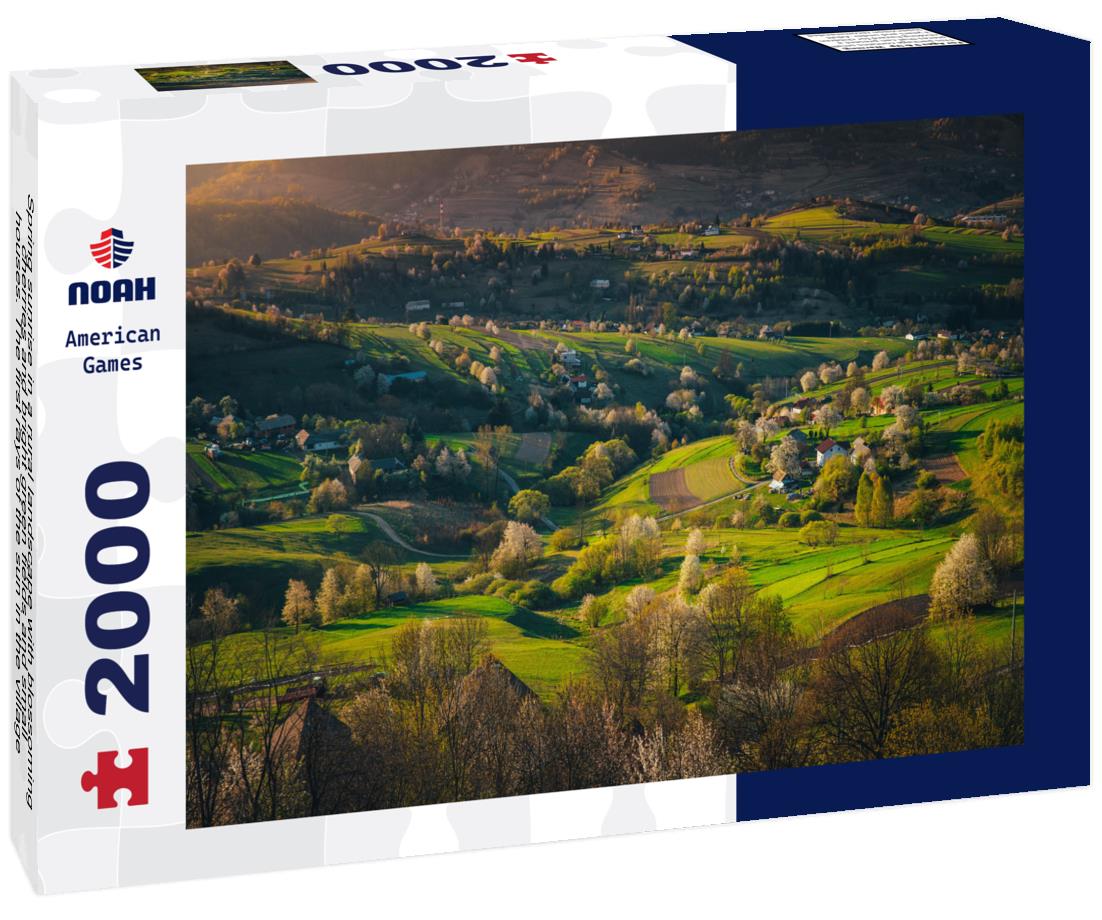 Noah Jigsaw Puzzle Spring sunrise in a rural landscape with blossoming cherries and bright green fields and small houses. The first rays of the sun in the village Hrinova in Slovakia 2000 pieces