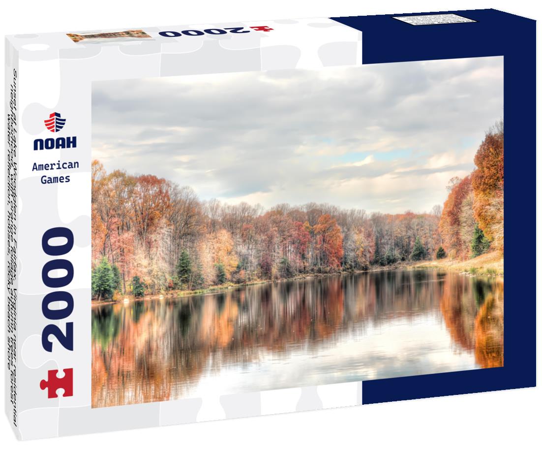 Noah Jigsaw Puzzle Sunset at Lake Woodglen in Fairfax, Virginia near residential neighborhood, with orange foliage autumn trees forest, water reflection, houses, rocky beach shore 2000 pieces