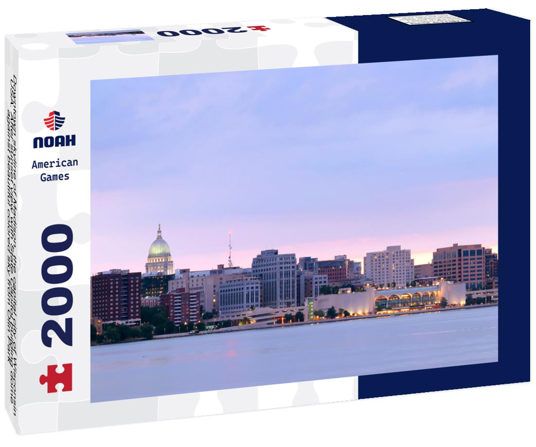 Noah Jigsaw Puzzle Downtown skyline of Madison, the capital city of Wisconsin. After sunset view with State Capitol building dome against beautiful colored sky from Olin Park 2000 pieces