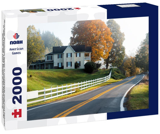 Noah Jigsaw Puzzle Roadside farmhouse house in countryside rural road highway in West Virginia, USA by mountain forest with colorful autumn fall trees foliage at sunrise morning 2000 pieces