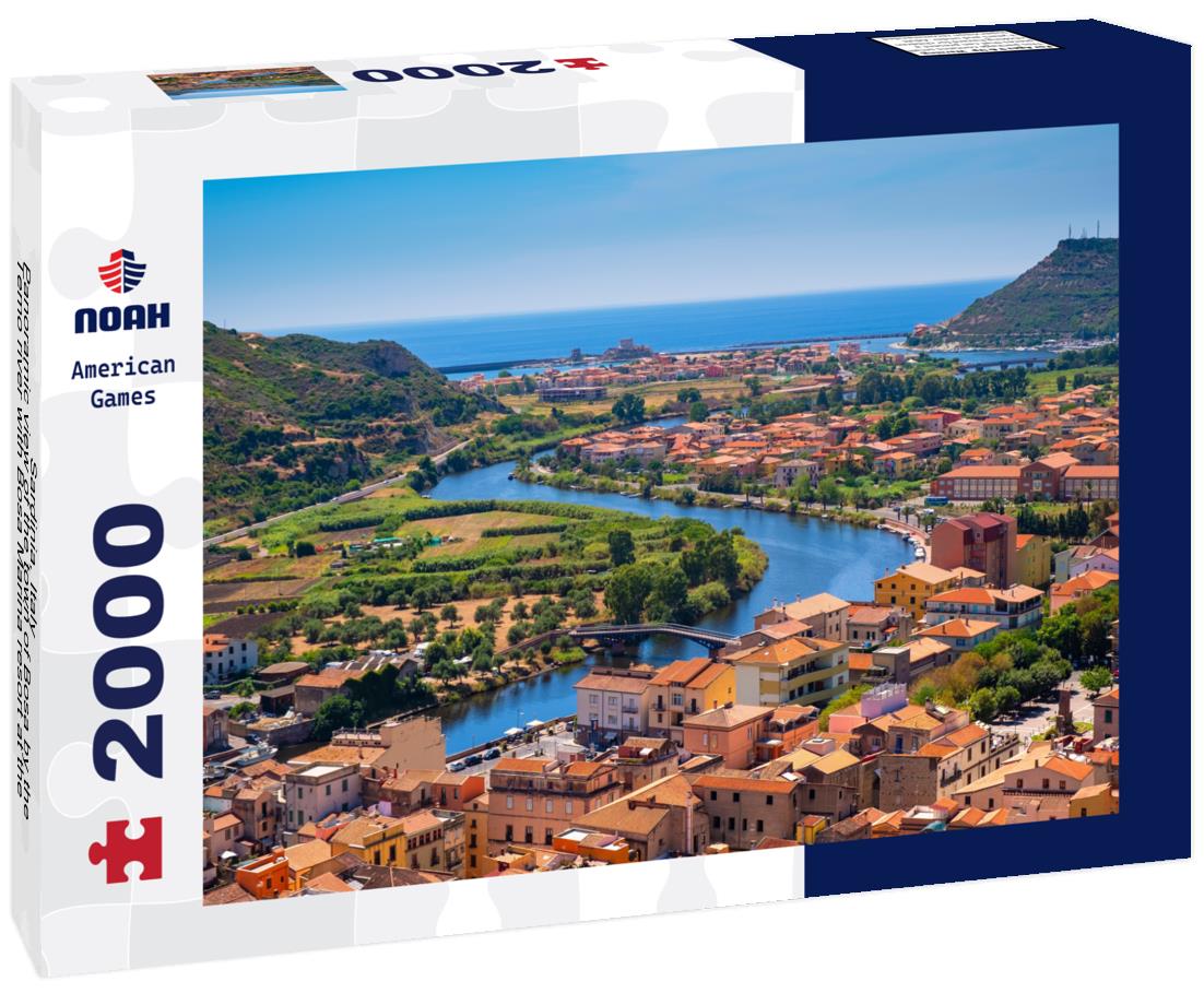 Noah Jigsaw Puzzle Sardinia, Italy - Panoramic view of the town of Bosa by the Temo river with Bosa Marina resort at the Mediterranean sea coast seen from Malaspina Castle hill 2000 pieces