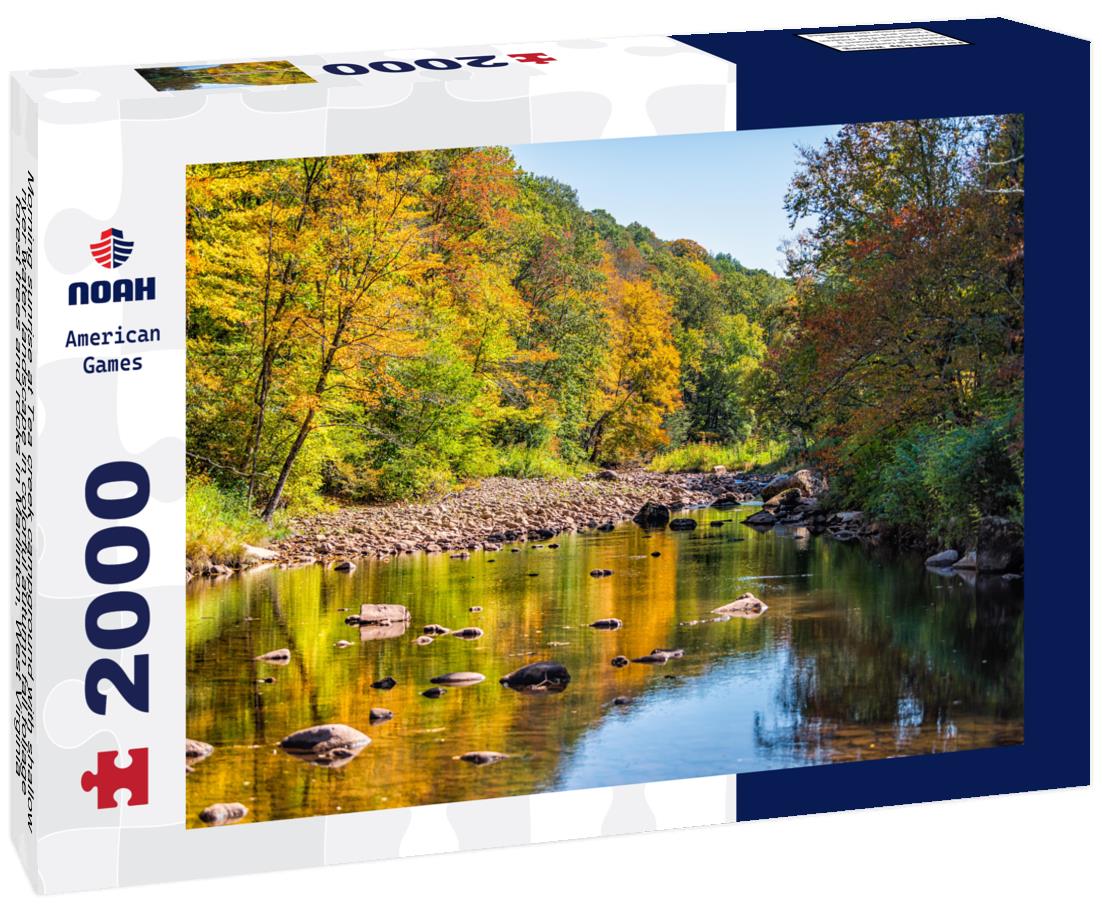 Noah Jigsaw Puzzle Morning sunrise at Tea creek campground with shallow river water landscape in colorful autumn fall foliage forest trees and rocks in Marlinton, West Virginia 2000 pieces