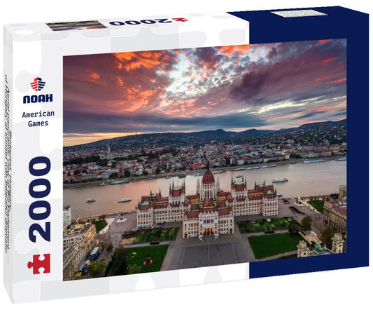Noah Jigsaw Puzzle Budapest, Hungary - Aerial panoramic view of the Parliament of Hungary at sunset with beautiful dramatic purple clouds and sightseeing boats on River Danube 2000 pieces