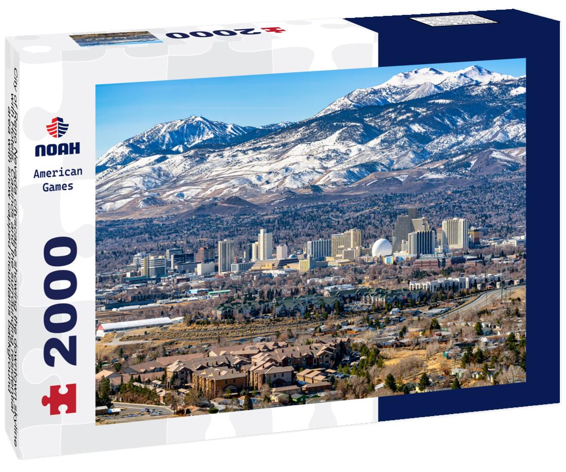 Noah Jigsaw Puzzle City of Reno Nevada cityscape showing the downtown skyline with Hotels, Casinos and the surrounding residential area with snow capped mountains background 2000 pieces