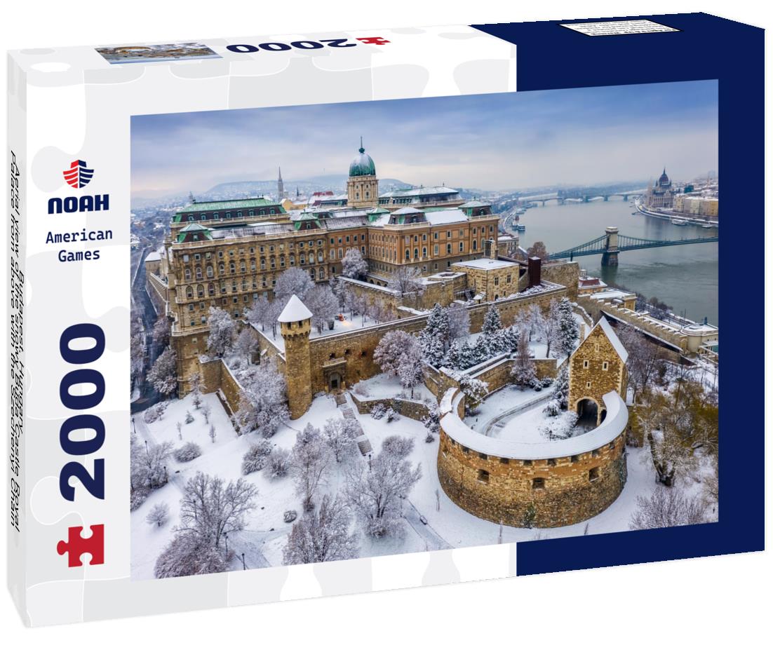 Noah Jigsaw Puzzle Budapest, Hungary - Aerial view of the snowy Buda Castle Royal Palace from above with the Szechenyi Chain Bridge and Parliament of Hungary at winter time 2000 pieces