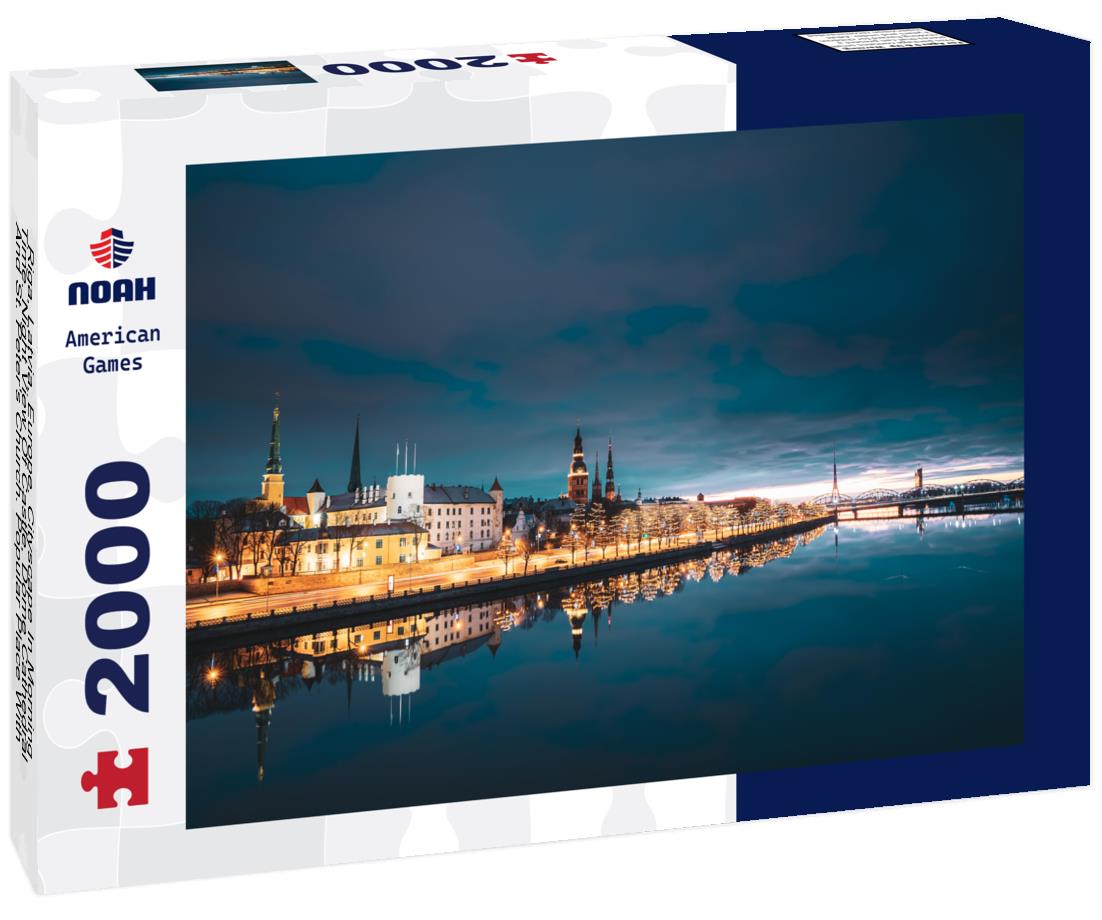Noah Jigsaw Puzzle Riga, Latvia, Europe. Cityscape In Morning Time. Night View Of Castle, Dome Cathedral And St. Peter's Church. Popular Place With Famous Landmarks. UNESCO 2000 pieces