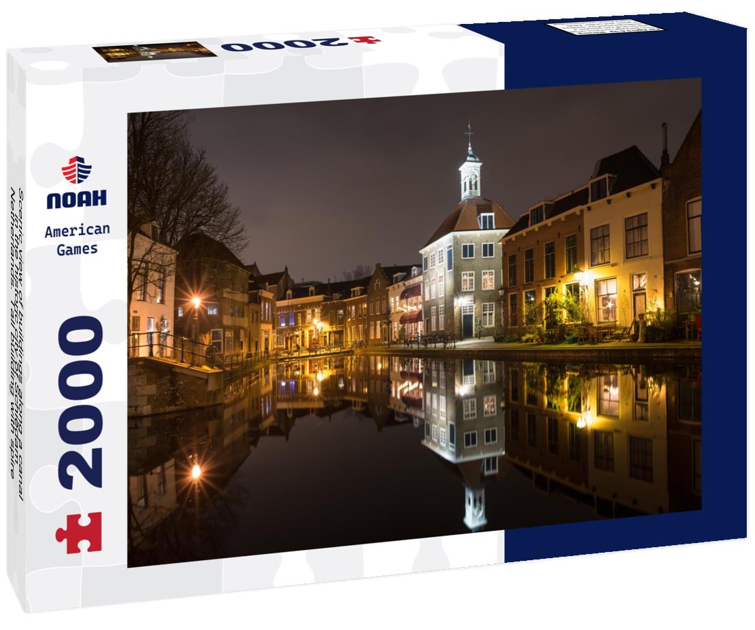 Noah Jigsaw Puzzle Scenic view of buildings along a canal in the historic city of Schiedam, Netherlands. Tall building with spire is known as 'The Porters' Guild House'. 2000 pieces