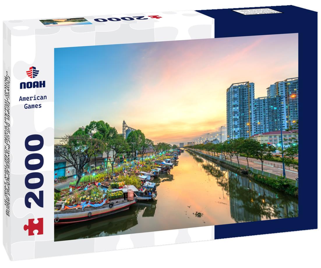 Noah Jigsaw Puzzle Flower boats full of flowers parked along canal wharf in sunset, a place for bustling flower market trade lunar new year in Ho Chi Minh City, Vietnam 2000 pieces