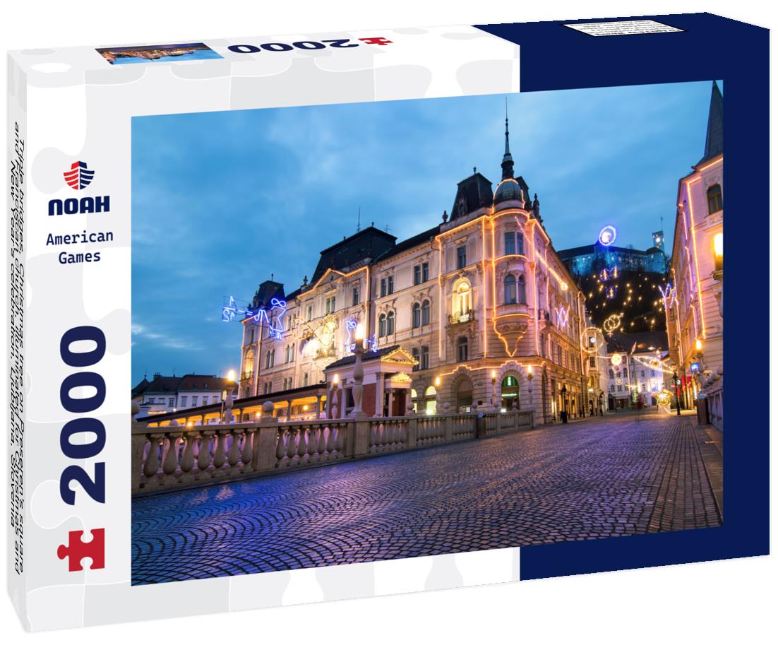Noah Jigsaw Puzzle Triple bridges, Christmas tree on Preseren's square and Franciscan church, illuminated for Christmas and New Year's celebration, Ljubljana, Slovenia 2000 pieces